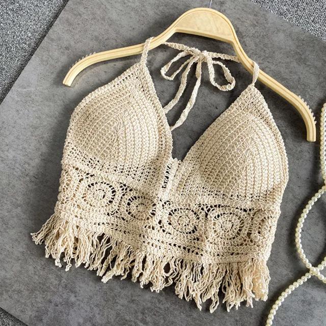 Sexy Boho Plážová Dovolená Tílko s Zavazováním za Krk Dámské Háčkované Plavky Podprsenka Bez Zad Vesta s Výřezy Třásněmi Tílko Dámské Crop Topy
