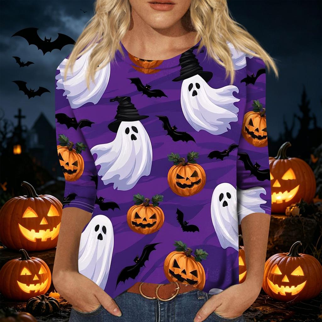 Women's Casual Three Quarter Sleeve Halloween Theme Printed Crew Neck Top Relaxed Fit Soft Material Holiday Blouse Shirt