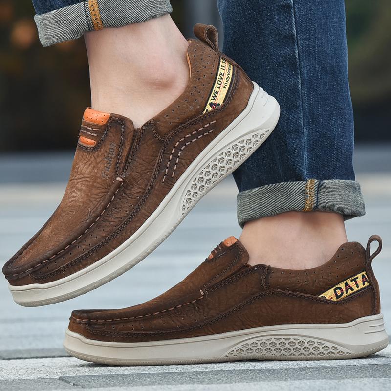 Luxury Brand Men Casual Leather Flat Designer Shoes Genuine Leather Hiking Sneakers Breathable Handmade Flats Walking Shoes Non-