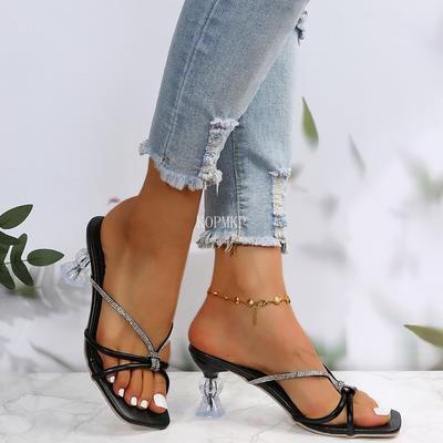 Strass-Stilettoabsatz Damen Sandalen Quadratische Zehenpartie Schmaler Riemen PVC Transparent Hohe Absätze Sandalen Sommer Damen Schuhe Größe 35-43