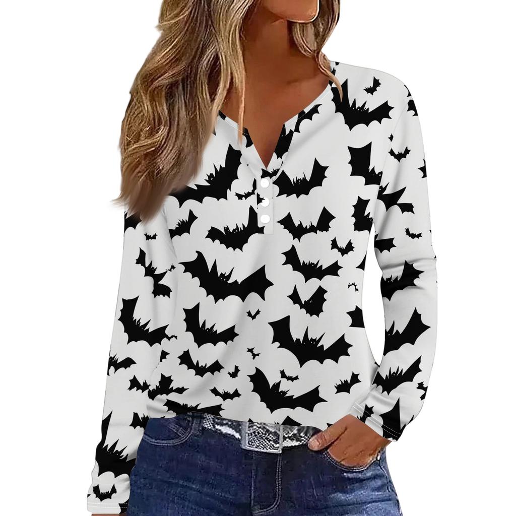 Women's Fashion Casual Halloween Printed V-Neck Button Trim Long Sleeve T-Shirt Top