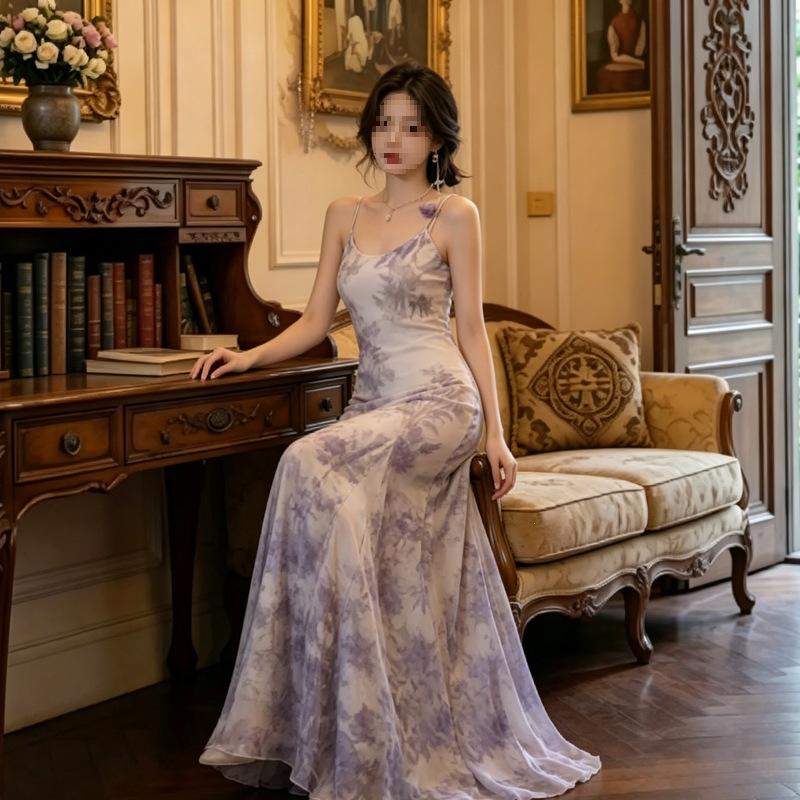 New Chinese-style purple suspender dress, spring and summer new step-by-step lotus waist and thin temperament fishtail skirt