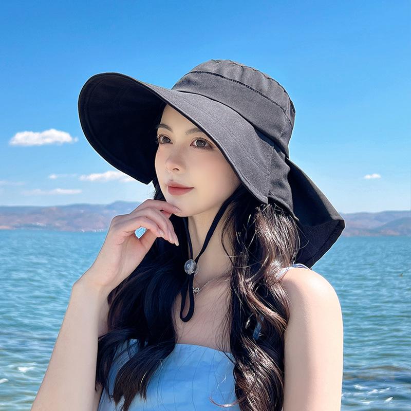 8459 spring and summer outdoor sunscreen visor big brim shawl bucket hat fashion with ponytail hole hat women