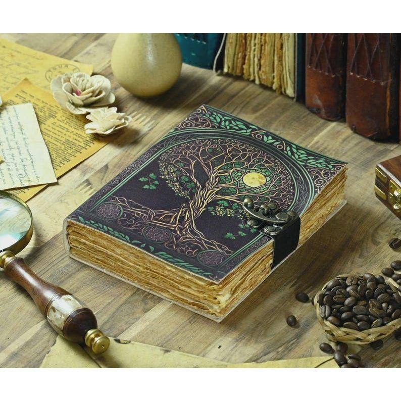 Tree of Life Grimoire Leather Journal for Women and Men Spell Notebook, book of shadows Handmade Deckle Edge Paper Diary With Lock