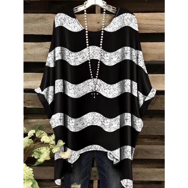Directional simple wavy striped graphic print large size T-shirt - accessories not included 1XL