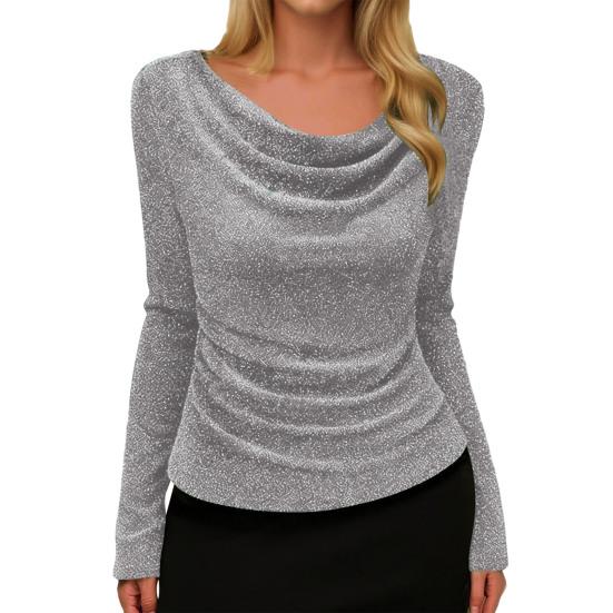 

Women T-shirt Off Shoulder Long Sleeve Slim Fit Pullover Tops Glitter Solid Color Stretchy Tops Work Party Casual Wear M срібний