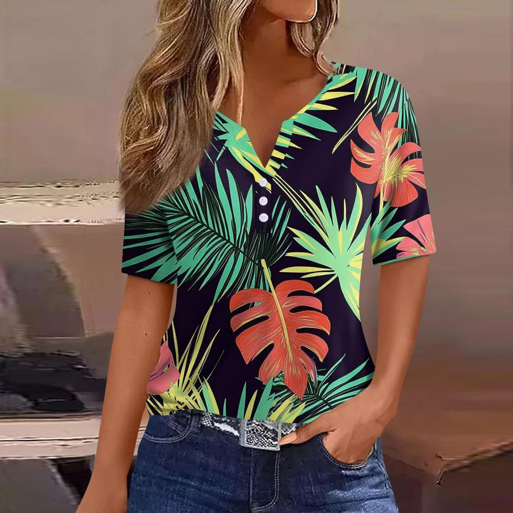 Women's T Shirt Print Button Short Sleeve Daily Weekend Fashion Basic V- Neck Regular Top