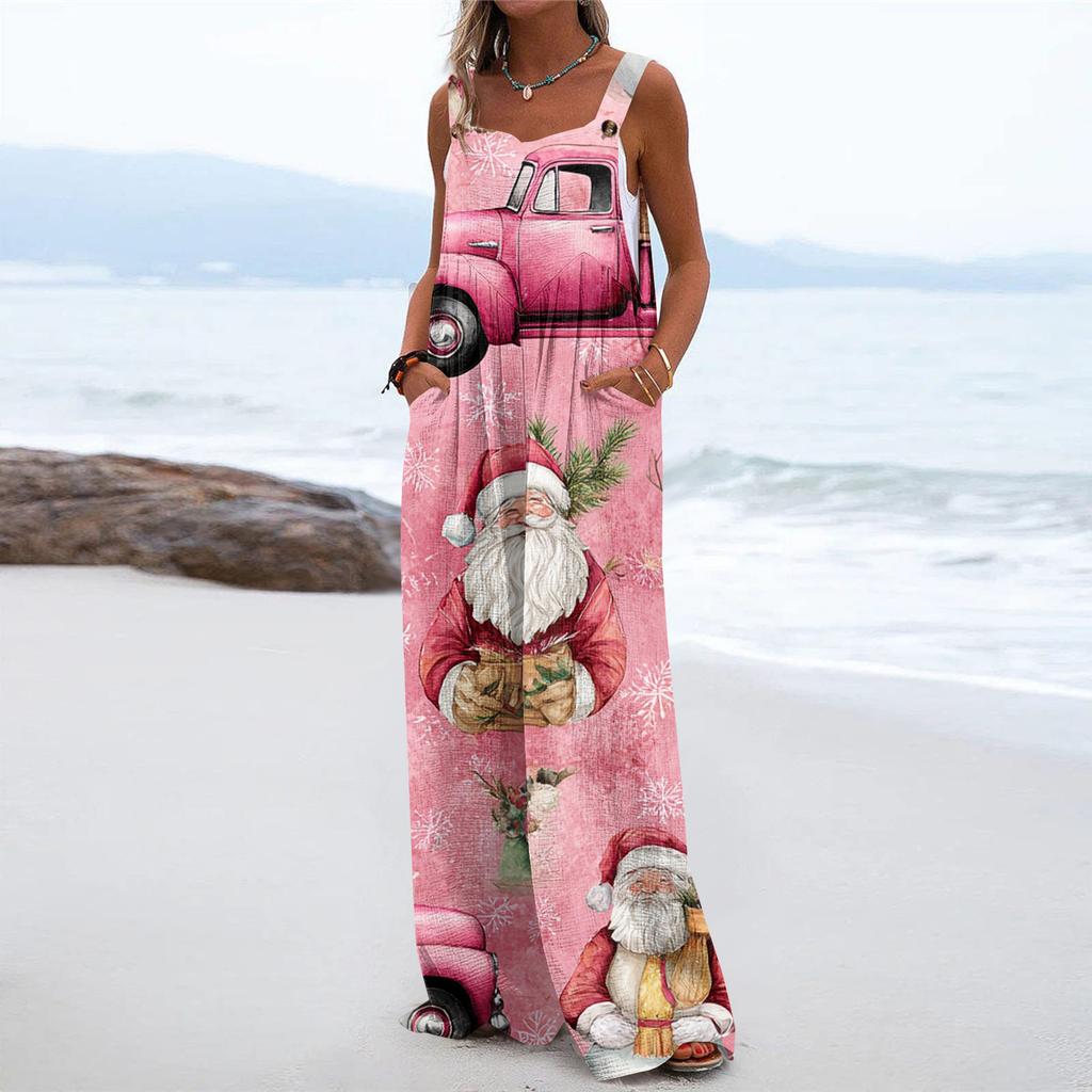 Women's Christmas Print Solid Wide Leg Strapless Tank Pocket Casual Onesie