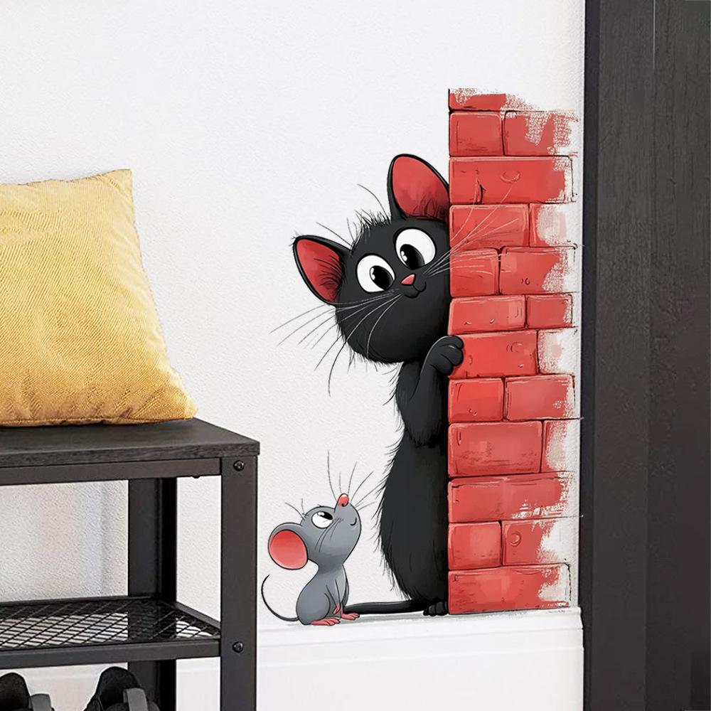 

Playful Black Cat and Mouse Self Adhesive Wall Sticker Left Right Optional for Kitchen Living Room Renovation Home Decor 10x15cm