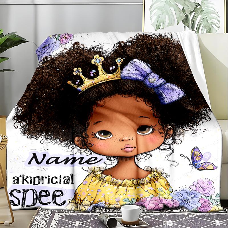1PC Custom Name Princess Curly Hair Butterfly outdooor Flannel blankets Patterns Throw Blanket All-Season Soft Gift for Couch, Bed, Camping gifts