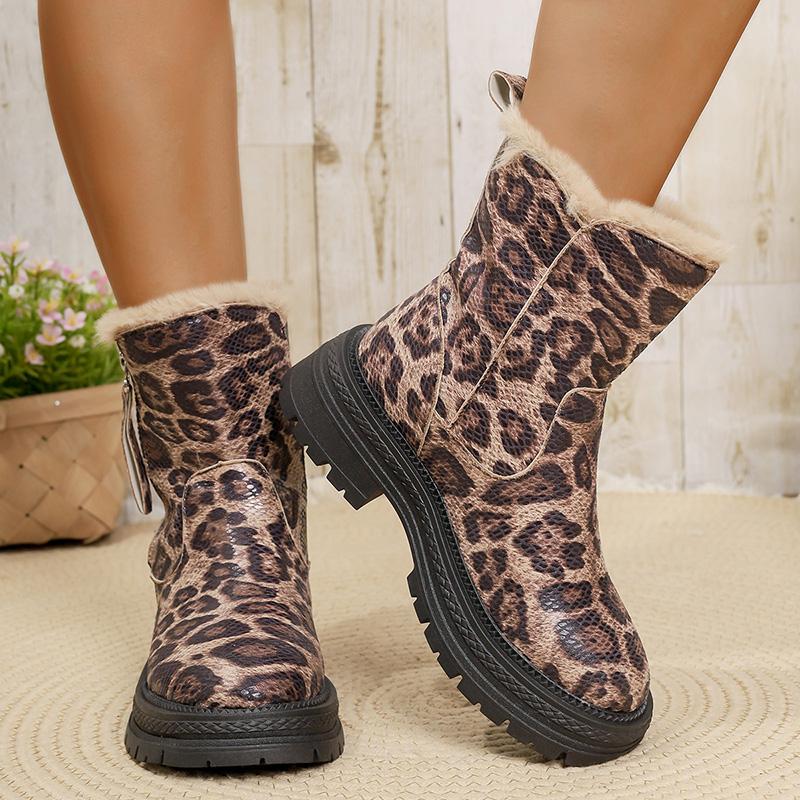 Fashion Leopard Print Platform Ankle Boots Women Plus Size 43 Thicken Plush Warm Winter Boots Woman Non Slip Zipper Short Botas