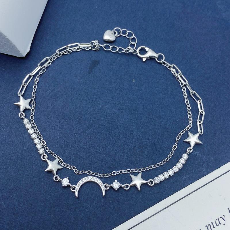 S925 Sterling Silver Star & Moon Double Layer Bracelet - Elegant, High-End Gift for Women