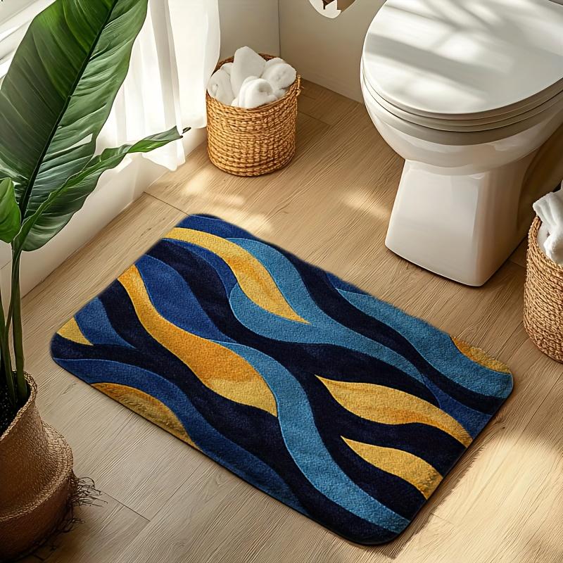 Deep Blue & Yellow Wave Bath Mat – Non-Slip, Quick-Dry Rug for Bathroom, Kitchen & Entryway, Ideal Housewarming Gift
