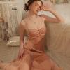 Gui Ruo Satin Deep V Lace Padded Long Nightgown with J2792 Tempting Comfort