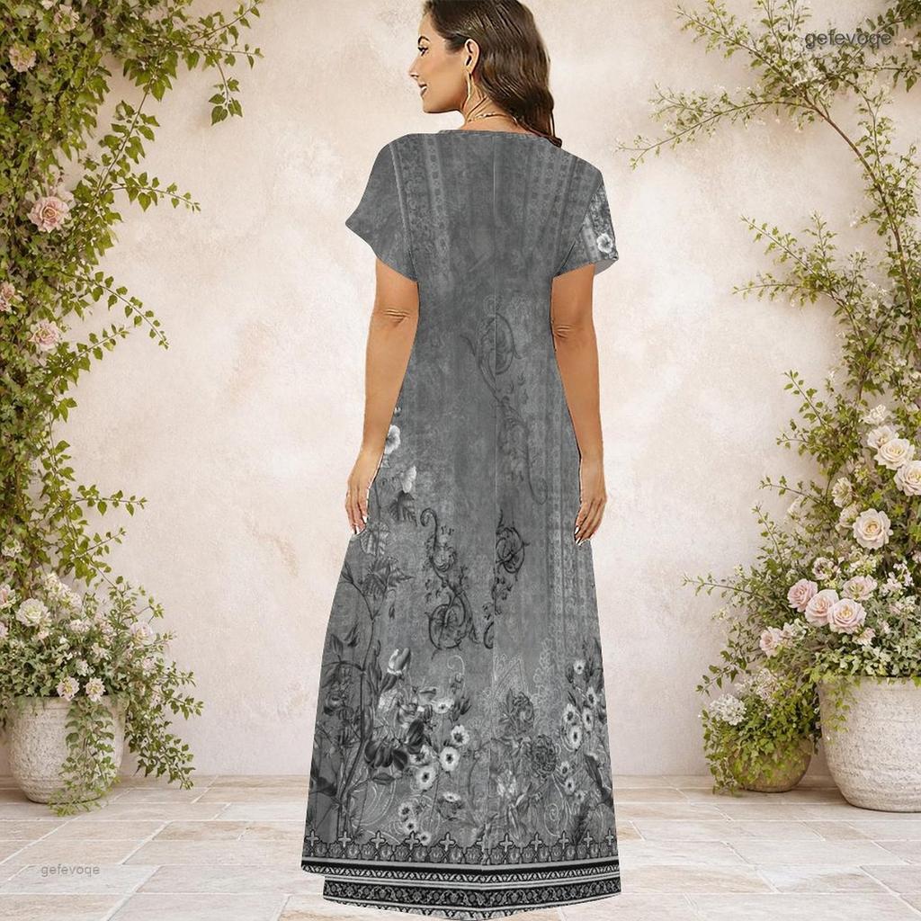 Women Plus Size V Neck Short Sleeve Grey Printed Straight Long Dress