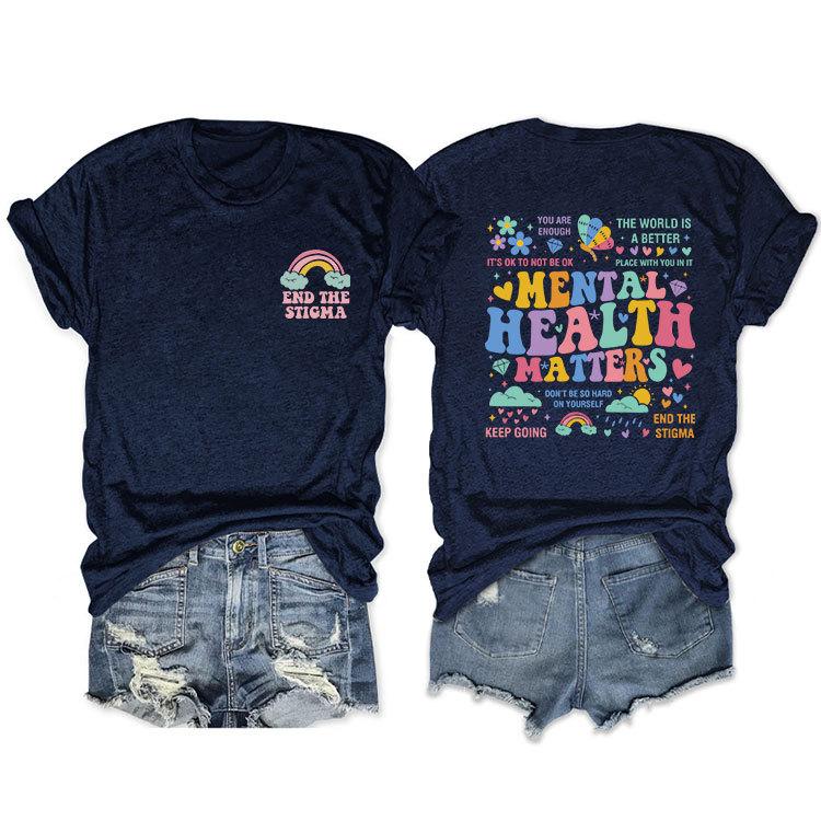 Summer Loose Crewneck Tshirt Unisextal Health Matters End the Stigma Printed Fashion Casual Shortsleeved Top with Womens Pullov
