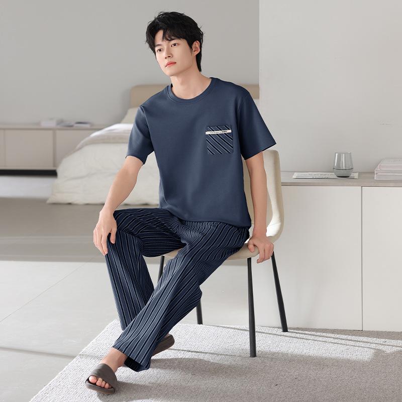 Pure cotton pajamas men's summer thin 1011 new short-sleeved trousers loose large size can be worn outside loungewear suit