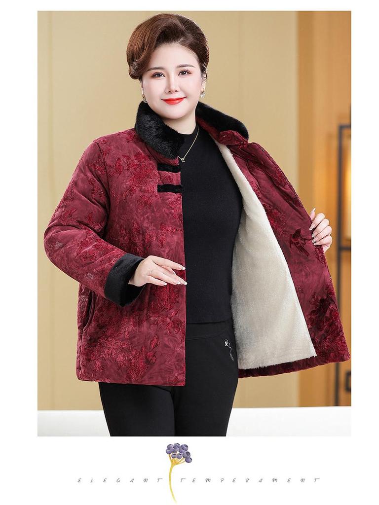 Plus Size Velvet Cotton Jacket for Women - Loose, Padded Winter Outerwear for Middle-Aged & Elderly