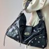 Yogodlns Women Motorcycle Rivets Crossbody Bag with Adjustable Strap PU Leather Pleated Textured Underarm Shoulder Purse Handbag