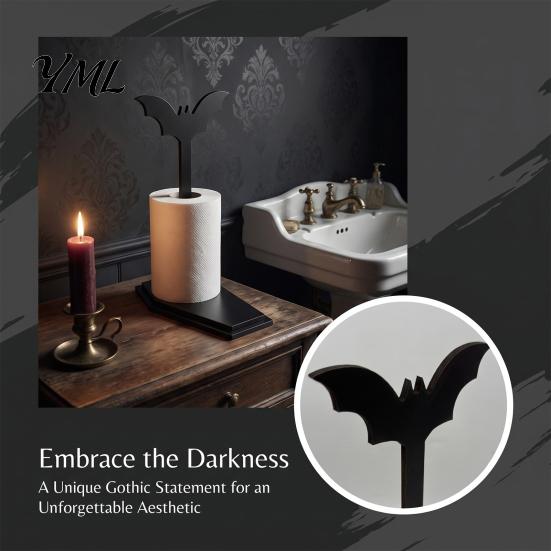 Retro Cemetery Style Ornament Bat-shaped Paper Towel Holder, Gothic Matte Black Metal Niche Punk Home Accents Vertical Tissue Stand, for Kitchen