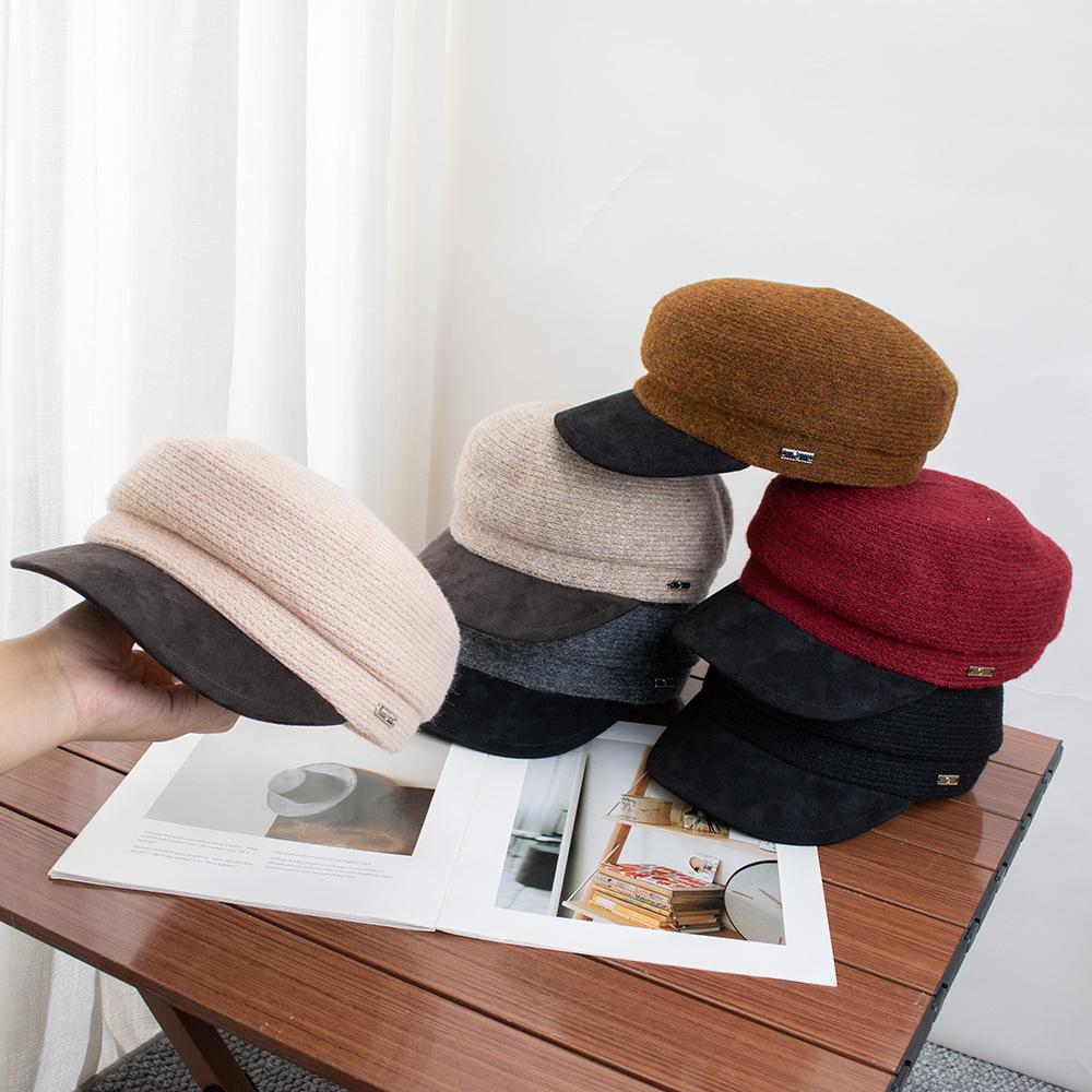 Old Money Woolen Color Matching Flat Top Hat Female Autumn Face Small Octagonal Hat Socialite Casual Beret Newsboy Hat