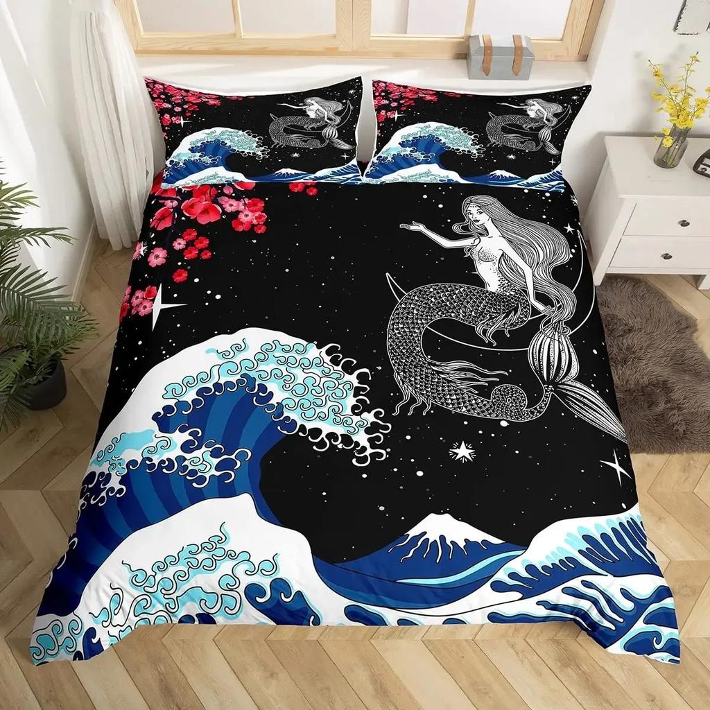 Japanese Wave Duvet Cover Set, Sea Storm In Japan Traditional Drawing Foamy Waves,Bedding Set Full Size,Earth Yellow Dark Blue