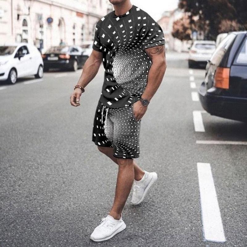 Men's Fashion Geometric Pattern Short-sleeve and Shorts Set Casual Loose Two-piece Outfit