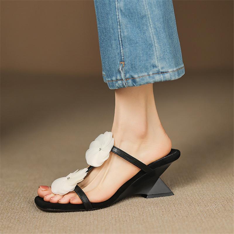 Mode Neue Sommer Hausschuhe Schuhe mit eckiger Spitze für Damen Mode Blume Hohe Absätze Hausschuhe Handgefertigt Klobiger Absatz Gladiatorenschuhe Schwarz