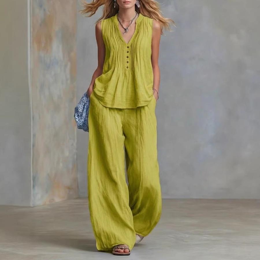 Women's Summer Casual Fashion Elegant Solid Color Sleeveless V-Neck Set