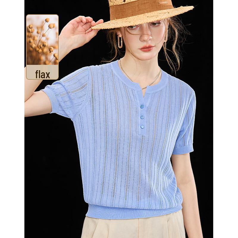 Women s French Style Tencel Linen Blend Henley Knit Top L