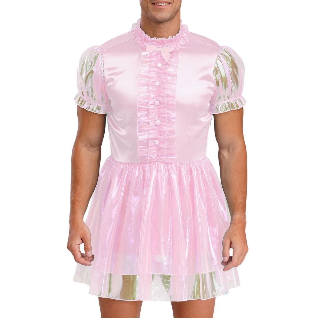 Herre Sissy Maid Kjole Kapper Kant Puffermer Sløyfedetalj Glitrende Puffete Kjole Låsbar Crossdressing Kostyme