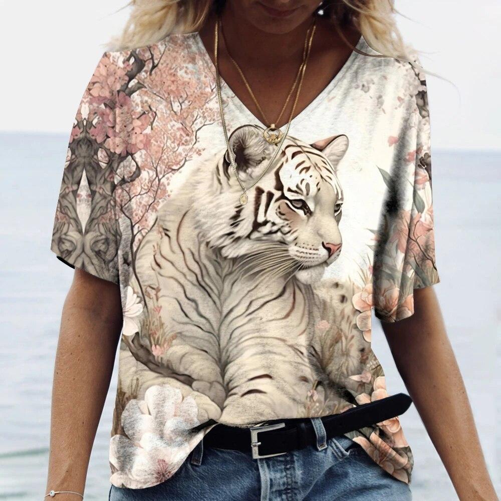 Summer V-neck 3D Animal Pattern Printed Top Fashionable Casual Short Sleeved Women's T-shirts