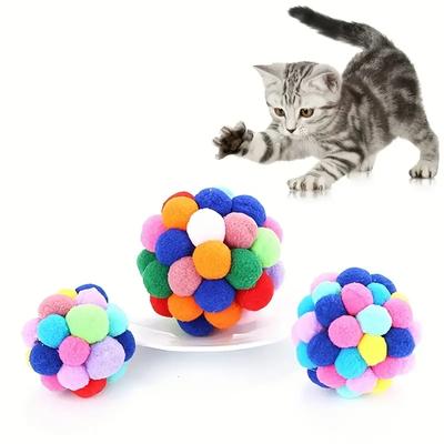 1/3PCS Pet Cat Plush Ball Toys with Bell, Elastic Colorful Woolen Balls Self-Hi Interactive Playing Toys for Cats