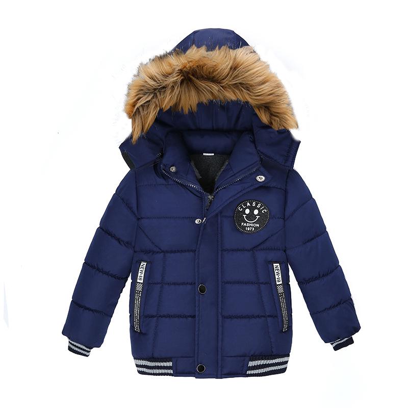 Jongens Jas Herfst Winter Effen Kleur Verdikken Capuchon Rits Mode Bontkraag Kinderen Warmhouden Bovenkleding