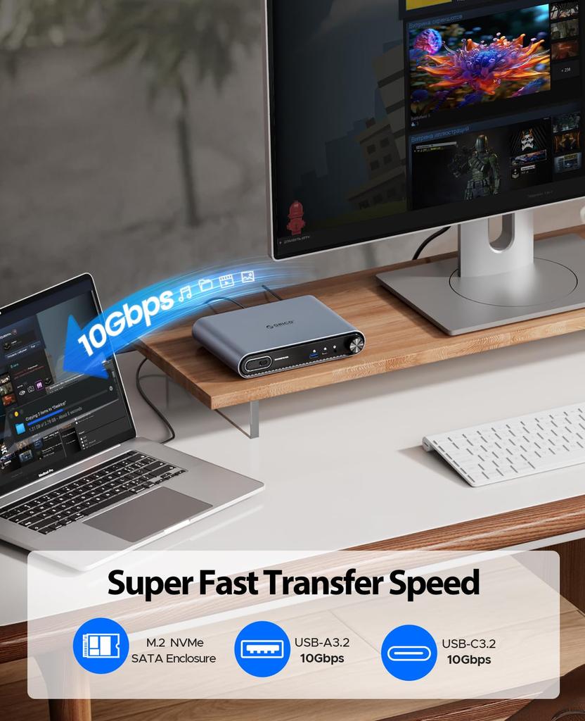 ORICO SSD Docking Station with USB C Docking Supports 10 4K 60 100W Audio and Two USB Ports M.2 Enclosure, 10-in-1 Station, M.2 NVMe/SATA SSD, USB-A