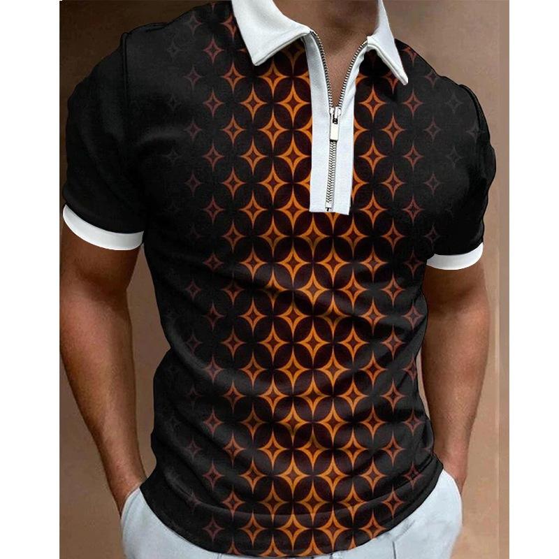 Trendy Short Sleeve Polo, Zipper, Geometric Print for Casual