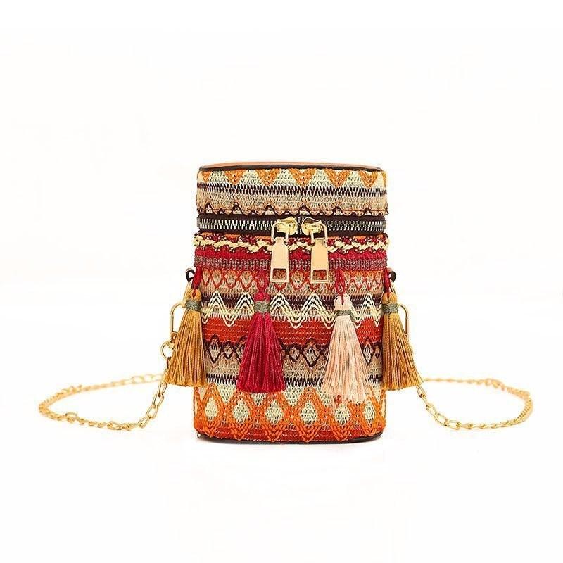 Colorful Style Ethnic Woven Texture Women Chain Cylindrical Bag With Tassel