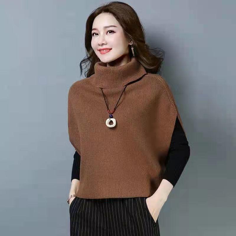 Knitted Sweater Vest Women's Korean Style Loose Bat Sleeve Solid Color High Collar Fashionable Casual Top
