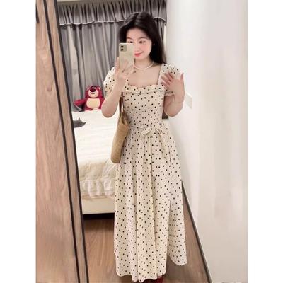 Summer Retro Polka Dot Temperament Princess Dress French College Style Waist Niche Bubble Sleeve Word Long Dress Women