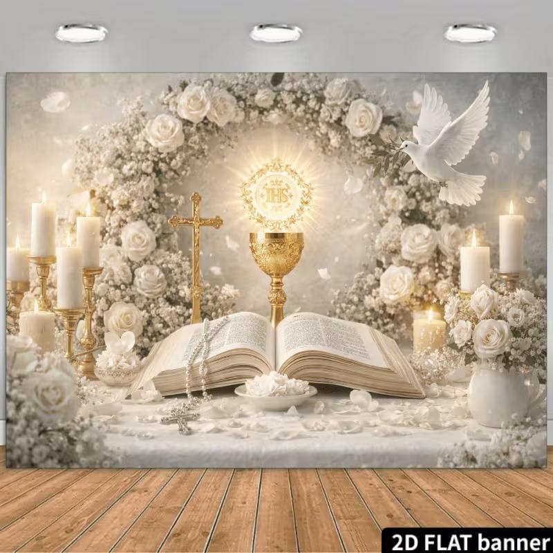 

2D Holy Communion Backdrop White Floral Cross Chalice First Communion Party Background 47.2x31.5inch/120*80cm