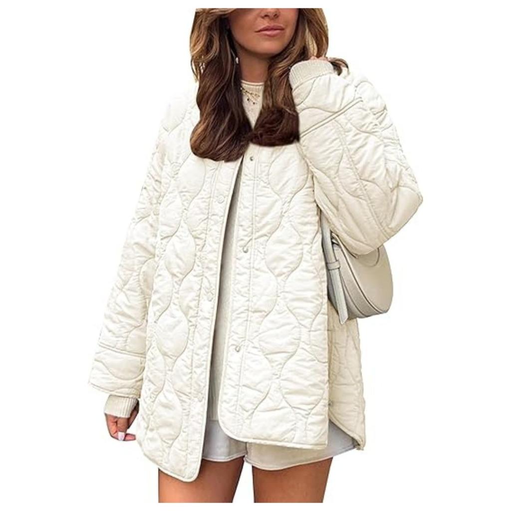 Otoño Invierno Nuevo Abrigo de Algodón Acolchado de Color Sólido con Cuello Redondo Holgado para Mujer, Ropa de Abrigo Casual Estilo Europeo Americano para Mujer