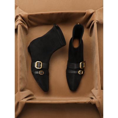 Sheepskin Version Retro Belt Buckle Thin Short Boots Women's Rear Zipper Elastic Boots Wedge Heel Thin Boots Square Martin Boots