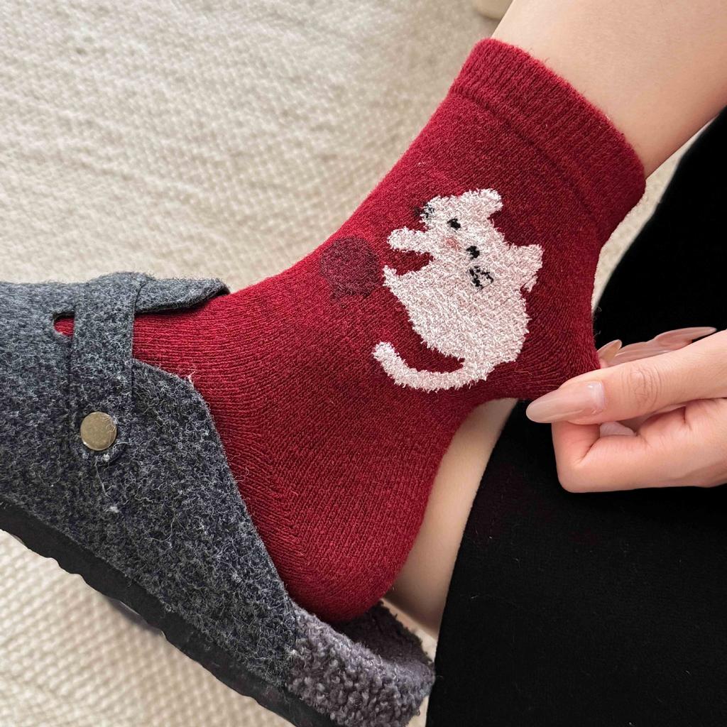 New Year'S Red Socks Cartoon Animation Tube Socks Season Wool Socks Thickened Warm Trend Versatile Socks