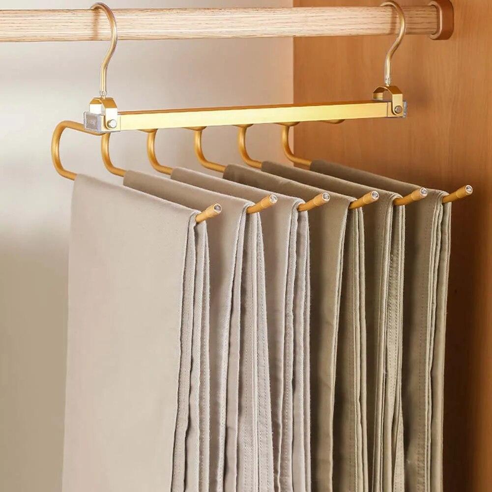 6 Tier Trouser Hangers Space Saving Foldable Holder Multi Organiser Rack Non-Slip Wardrobe Storage with Hooks for Pant Towels