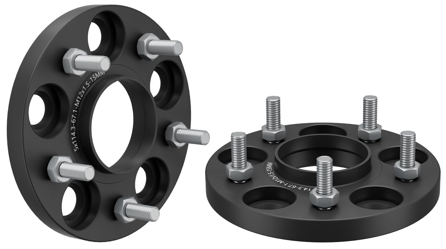 

Sondsilen Wide Tread Inner Diameter 15mm with Tapered Seat Matte Set of 2 Spacers, PCD114.3, 5H, 67.1, M12xP1.5, Thick, Bolts, Black,