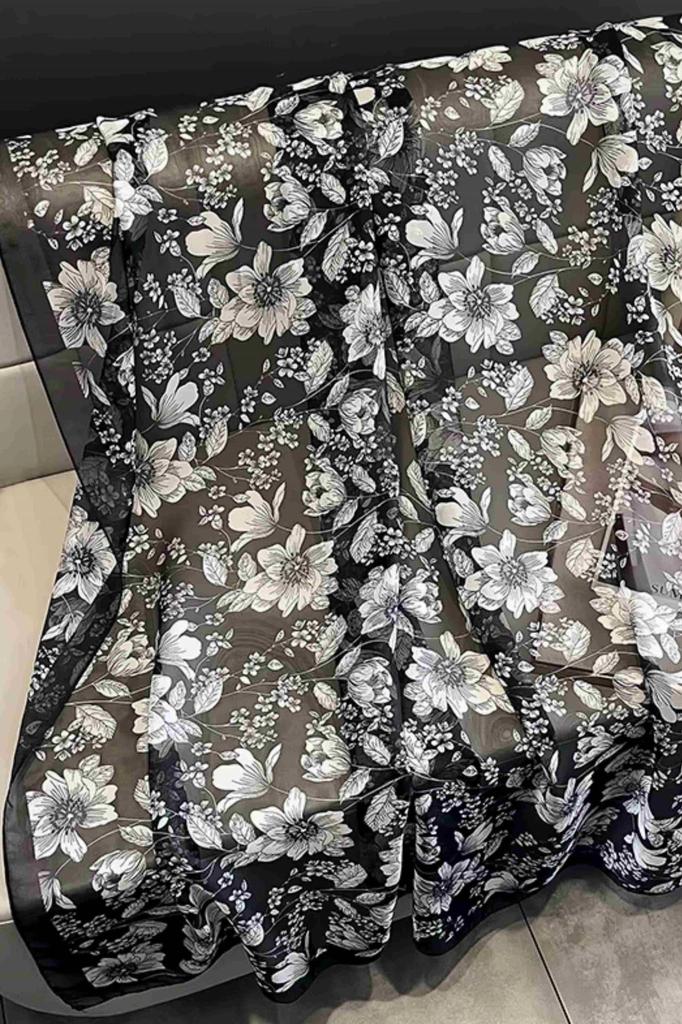 Black and White Floral Scarf - Delicate, Elegant, Semi-Transparent