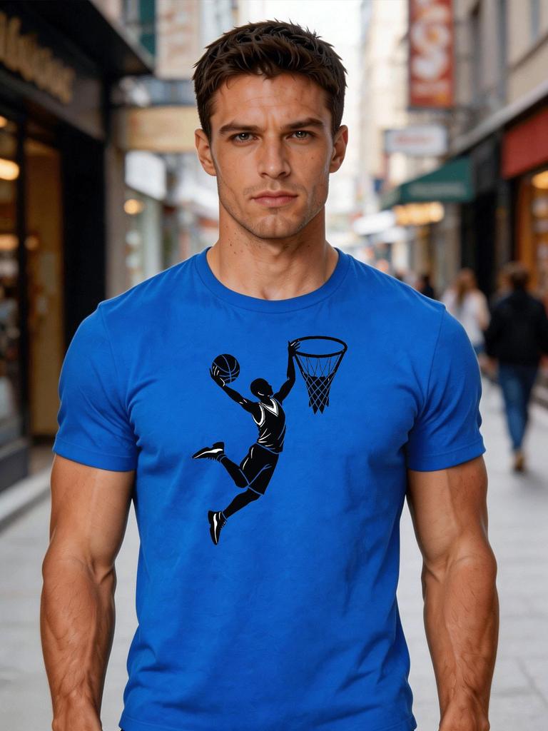 Unisex Crew Neck Tee Basketball Dunk Silhouette Front Print Short Sleeve Oversized Male Daily Casual Soft Breathable Basic Wear Top