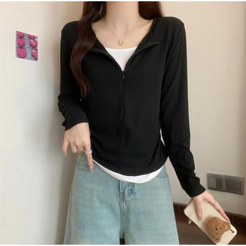 

Spring Autumn Fake Two Pieces Casual Fashion Zipper Top Women Long Sleeve All-match Pullover T-shirt Tee M чёрный