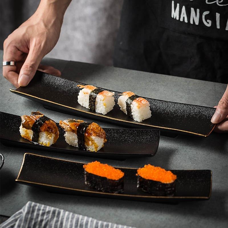 Japanese-Style Frosted Sushi Plate, Rectangular Black Phnom Penh Saury, Long Plate, Raw Fish Platter, Barbecue Plate, Dim Sum Plate