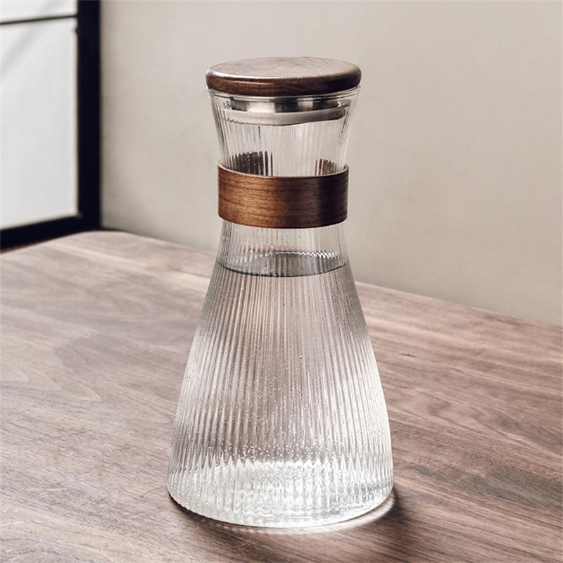 Japanese Style Glass Cold Water Jug Walnut Sleeve Heat Resistant Vertical Stripes Coffee Pot Juice Pitcher Tea Pot
